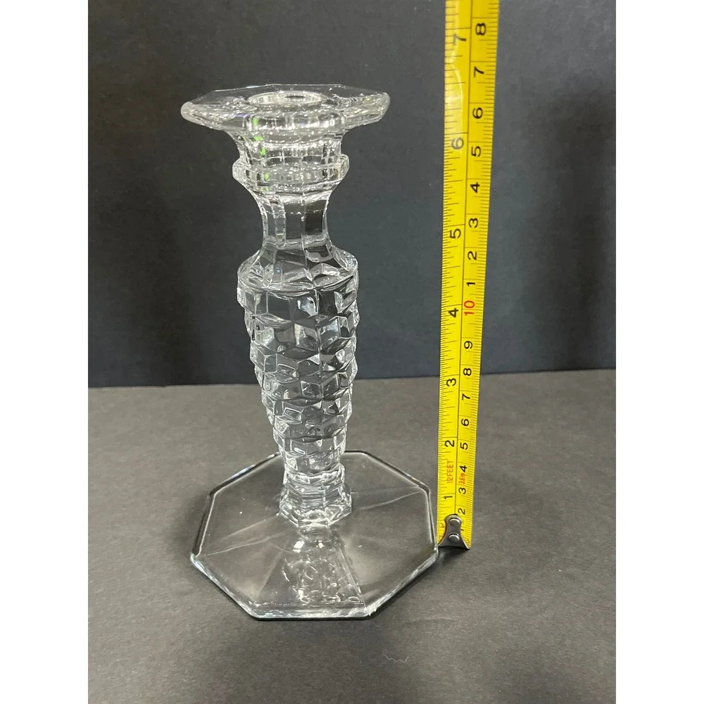 Vntg Crystal Glass Candlestick Holders Set of 2 Hexagon Base Diamond Cut 6.25